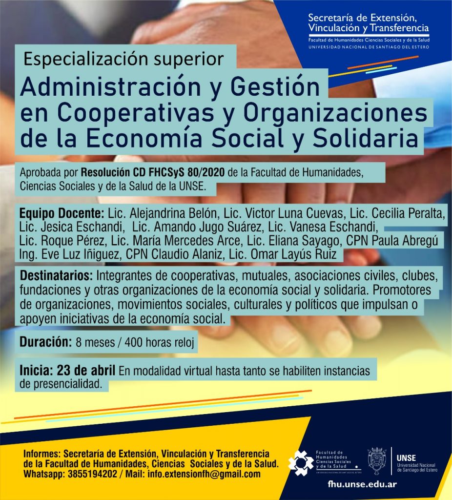 Postítulo Especialización Superior en Administración y Gestión en Cooperativas y Organizaciones de la Economía Social y Solidaria